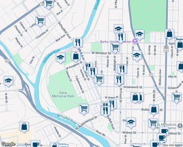 map of restaurants, bars, coffee shops, grocery stores, and more near 323 Hollenbach Street in Reading