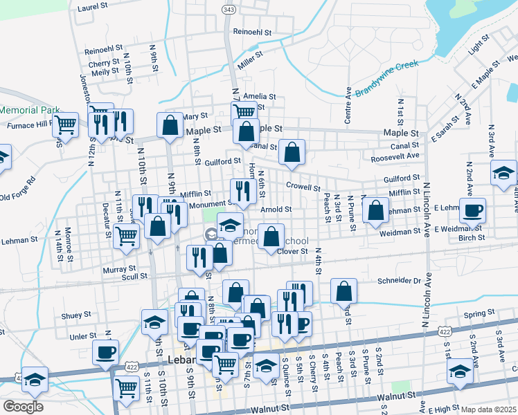 map of restaurants, bars, coffee shops, grocery stores, and more near 419 North 6th Street in Lebanon