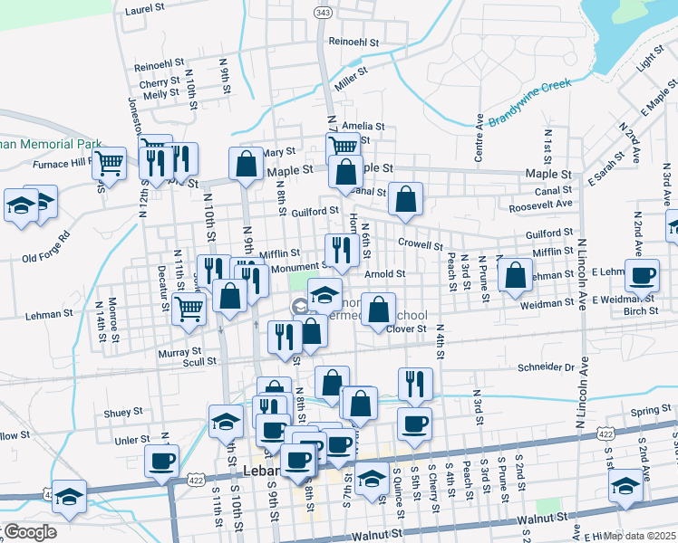 map of restaurants, bars, coffee shops, grocery stores, and more near 429 North 7th Street in Lebanon
