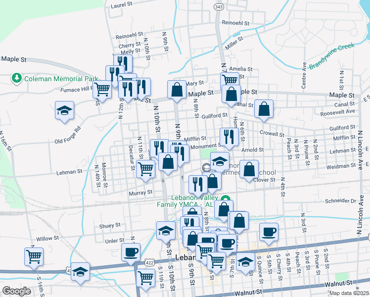 map of restaurants, bars, coffee shops, grocery stores, and more near 823 Mifflin Street in Lebanon