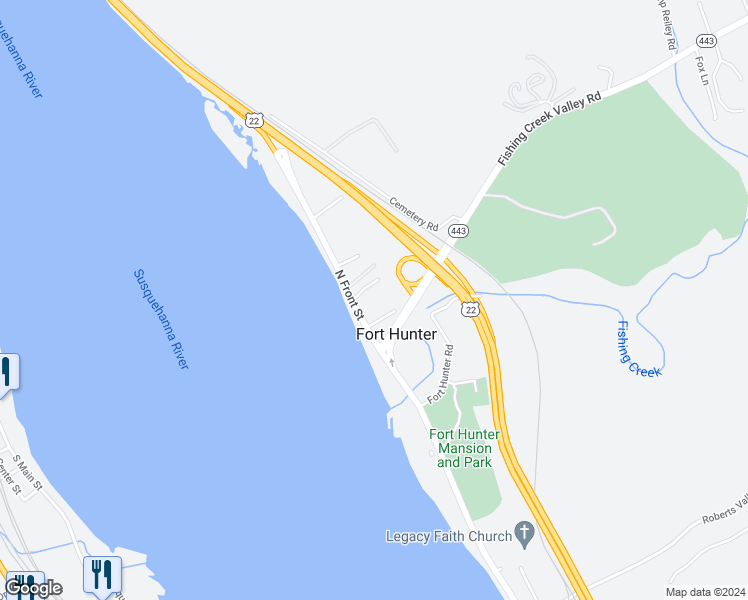 map of restaurants, bars, coffee shops, grocery stores, and more near 5509 River Road in Harrisburg