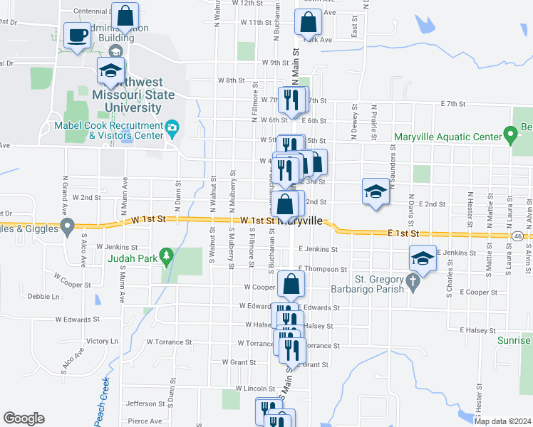 map of restaurants, bars, coffee shops, grocery stores, and more near 219 West 2nd Street in Maryville
