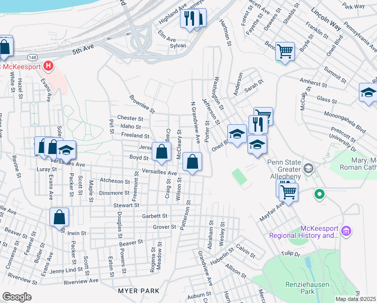 map of restaurants, bars, coffee shops, grocery stores, and more near 1008 North Patterson Avenue in McKeesport