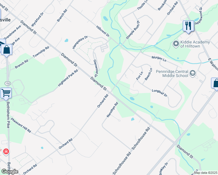 map of restaurants, bars, coffee shops, grocery stores, and more near 1025 Diamond Street in Sellersville