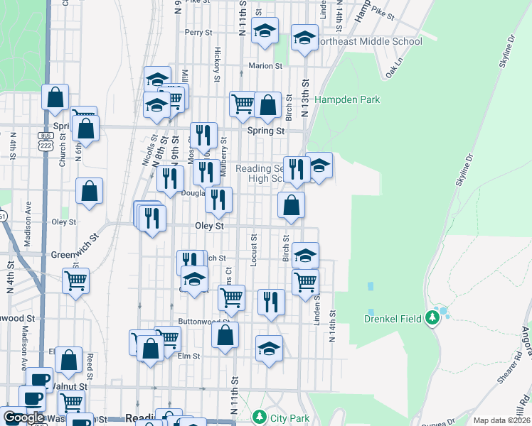map of restaurants, bars, coffee shops, grocery stores, and more near 755 North 12th Street in Reading