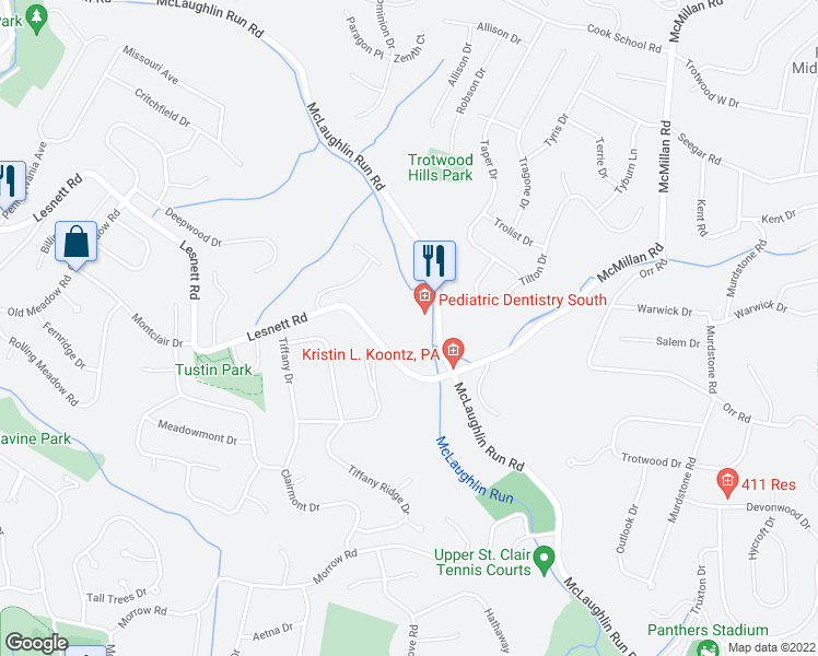 map of restaurants, bars, coffee shops, grocery stores, and more near 1590 McLaughlin Run Road in Pittsburgh