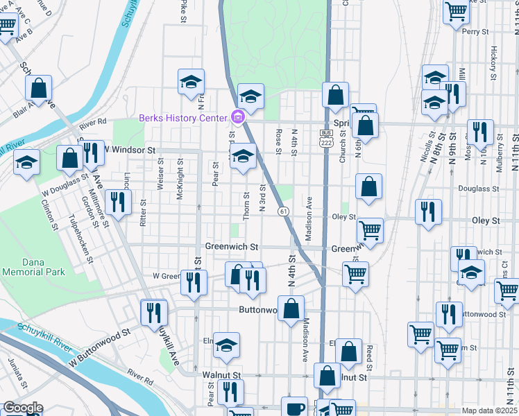 map of restaurants, bars, coffee shops, grocery stores, and more near 735 North 3rd Street in Reading