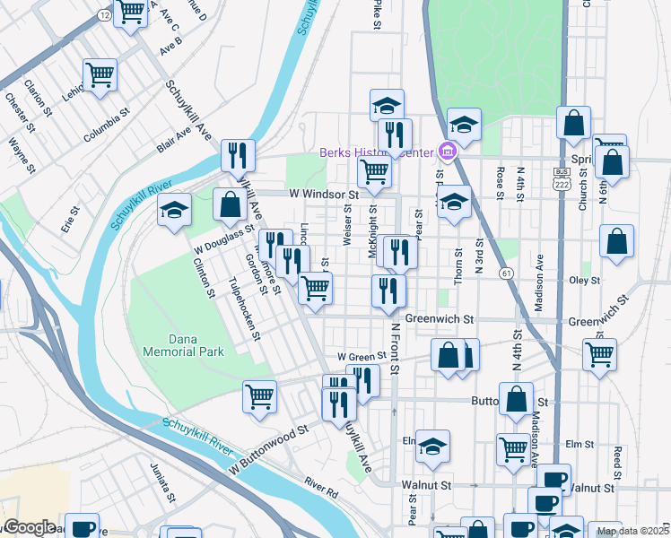 map of restaurants, bars, coffee shops, grocery stores, and more near 211 West Oley Street in Reading