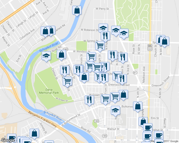 map of restaurants, bars, coffee shops, grocery stores, and more near 211 Oley Street in Reading