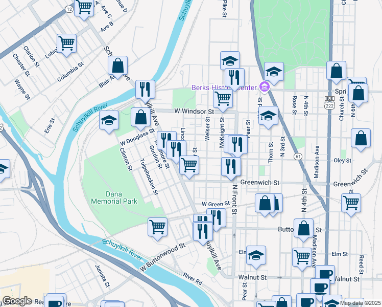 map of restaurants, bars, coffee shops, grocery stores, and more near 239 West Oley Street in Reading