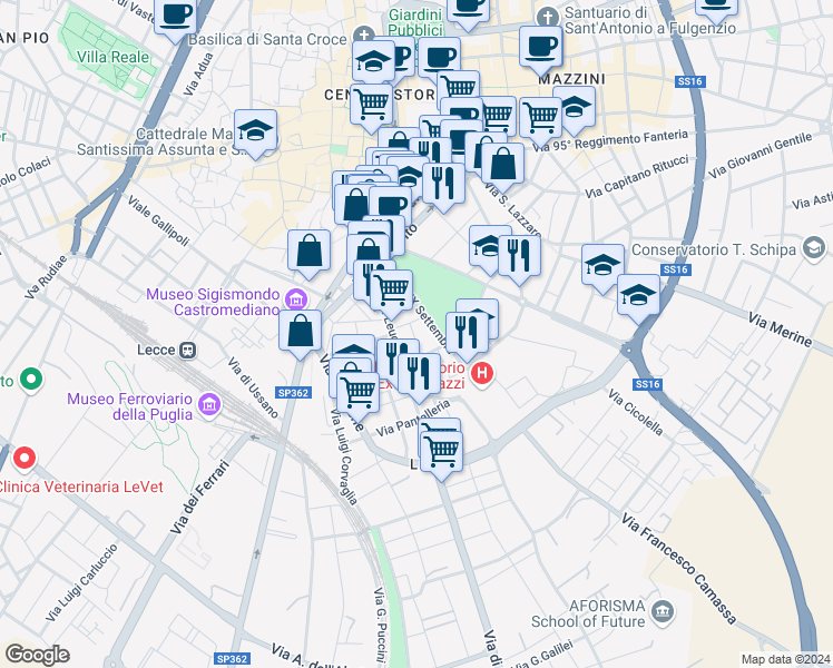 map of restaurants, bars, coffee shops, grocery stores, and more near 23 Viale XX Settembre in Lecce