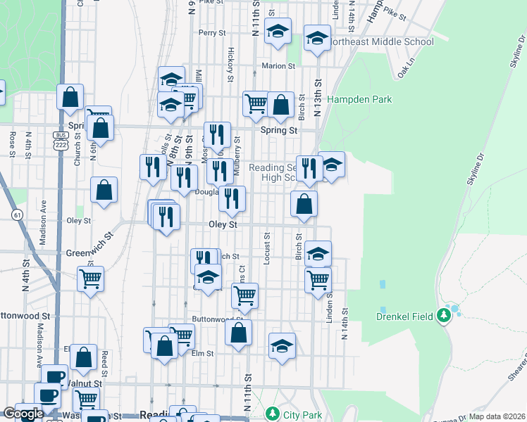 map of restaurants, bars, coffee shops, grocery stores, and more near 1114 Douglass Street in Reading
