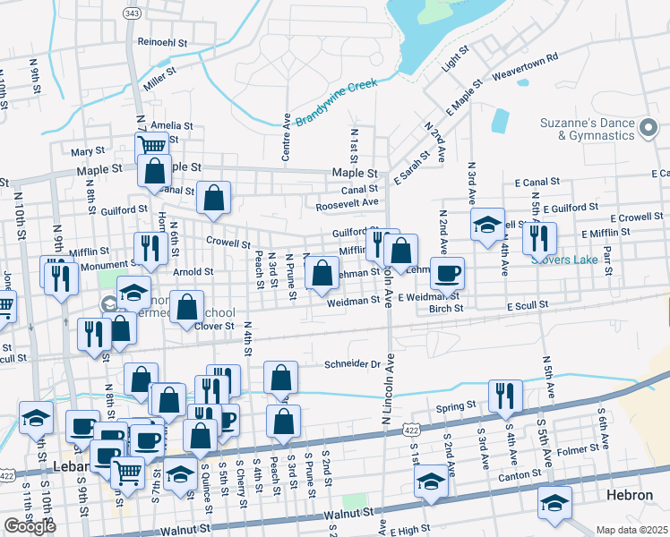 map of restaurants, bars, coffee shops, grocery stores, and more near 120 Mifflin Street in Lebanon