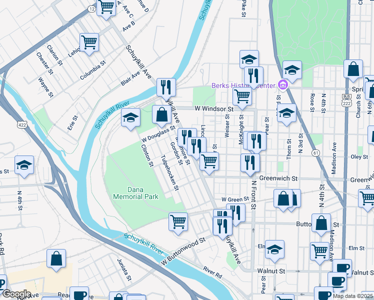 map of restaurants, bars, coffee shops, grocery stores, and more near 323 Hollenbach Street in Reading