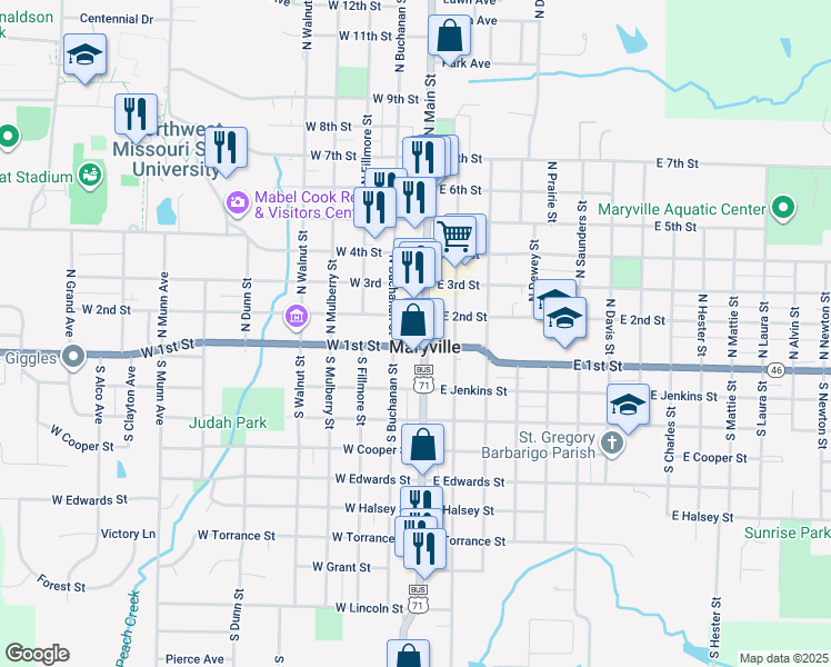 map of restaurants, bars, coffee shops, grocery stores, and more near 108 North Main Street in Maryville