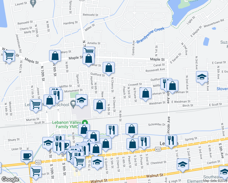 map of restaurants, bars, coffee shops, grocery stores, and more near 425 Arnold Street in Lebanon
