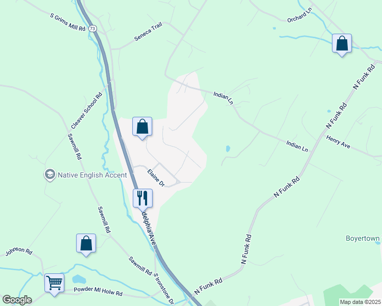 map of restaurants, bars, coffee shops, grocery stores, and more near 27 Alans Lane in Boyertown