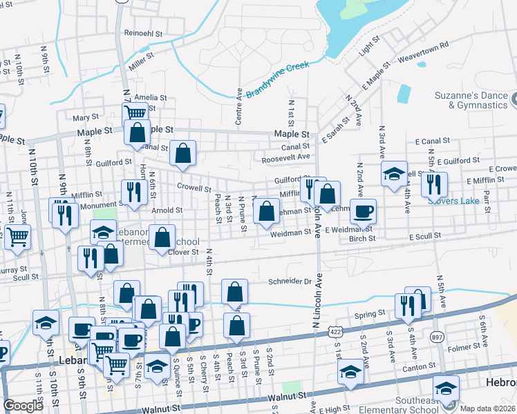 map of restaurants, bars, coffee shops, grocery stores, and more near 120 Mifflin Street in Lebanon