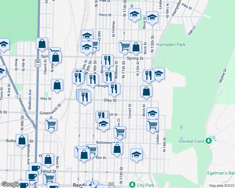 map of restaurants, bars, coffee shops, grocery stores, and more near 1040 Douglass Street in Reading