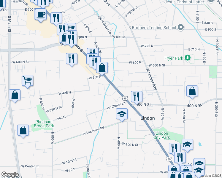 map of restaurants, bars, coffee shops, grocery stores, and more near 531 North State Street in Lindon
