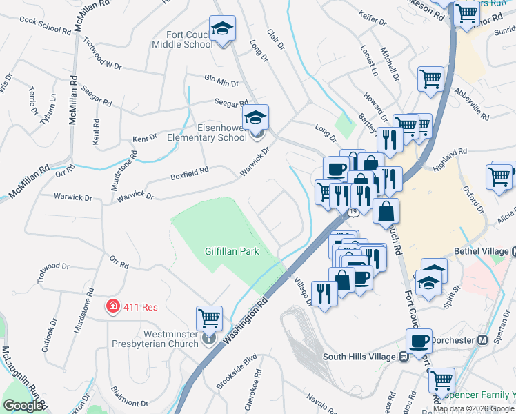 map of restaurants, bars, coffee shops, grocery stores, and more near 192 Springmeadow Drive in Pittsburgh