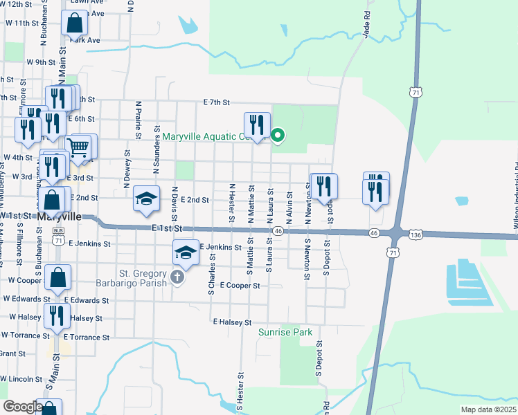 map of restaurants, bars, coffee shops, grocery stores, and more near 200-298 N Laura St in Maryville