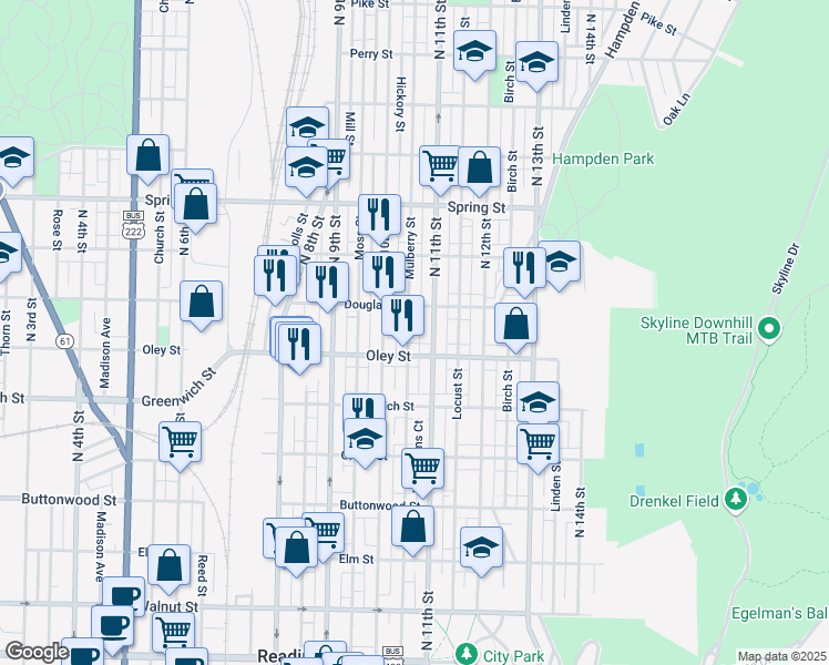 map of restaurants, bars, coffee shops, grocery stores, and more near 1040 Douglass Street in Reading
