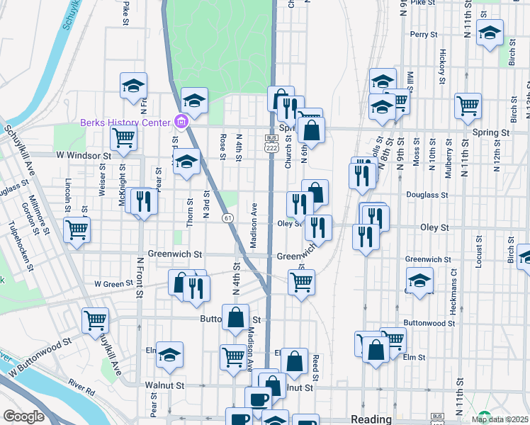 map of restaurants, bars, coffee shops, grocery stores, and more near 733 Madison Avenue in Reading