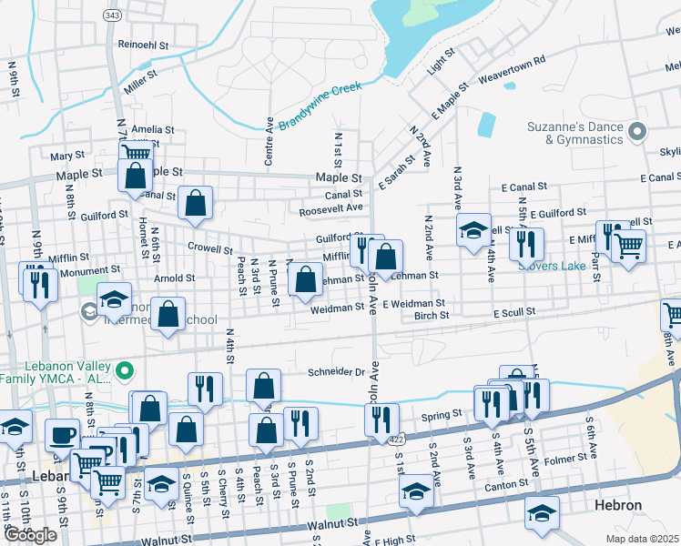 map of restaurants, bars, coffee shops, grocery stores, and more near 38 Mifflin Street in Lebanon