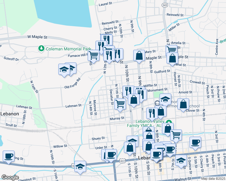 map of restaurants, bars, coffee shops, grocery stores, and more near 1109 Mifflin Street in Lebanon