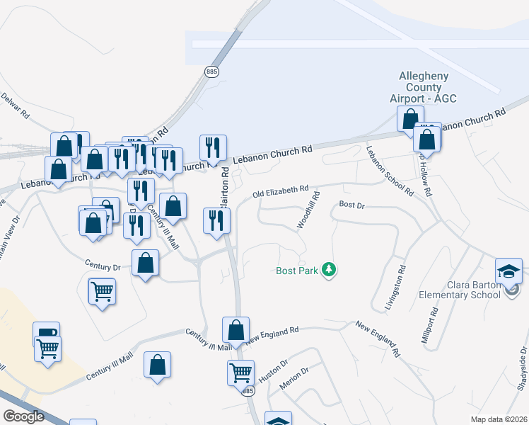 map of restaurants, bars, coffee shops, grocery stores, and more near 305 Meadowlark Lane in West Mifflin