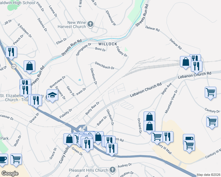 map of restaurants, bars, coffee shops, grocery stores, and more near 1126 Fidelity Drive in Pittsburgh