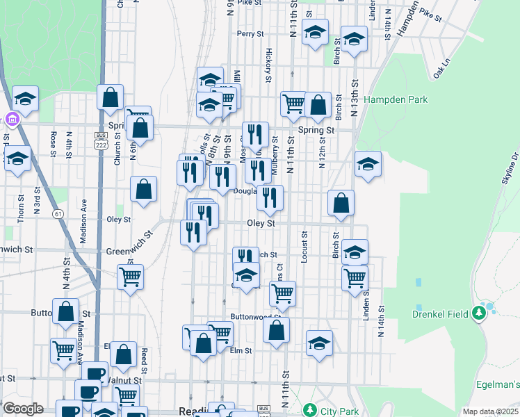 map of restaurants, bars, coffee shops, grocery stores, and more near 727 North 10th Street in Reading