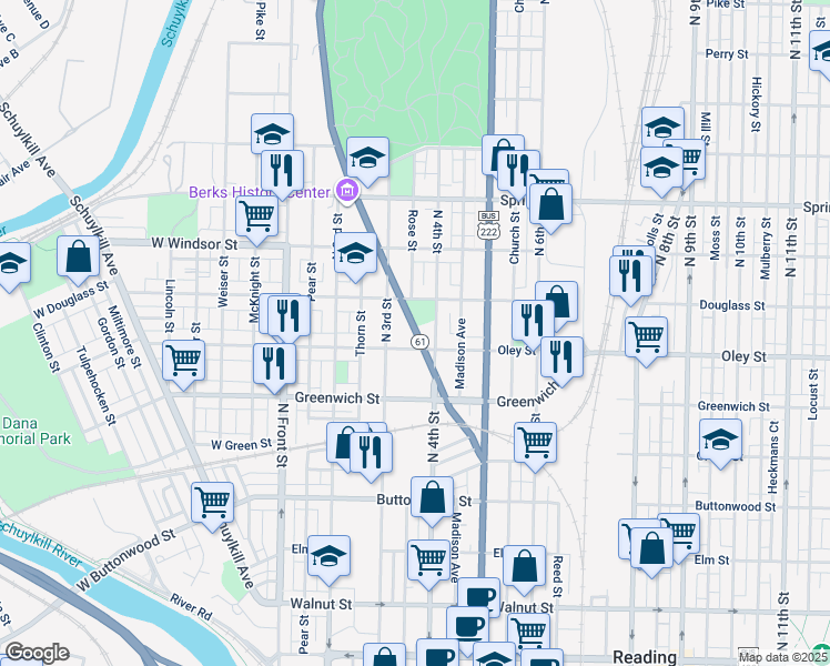 map of restaurants, bars, coffee shops, grocery stores, and more near 730 Centre Avenue in Reading
