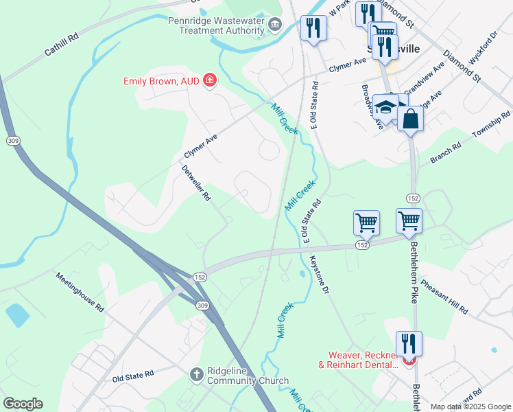 map of restaurants, bars, coffee shops, grocery stores, and more near 34 Komen Court in Sellersville
