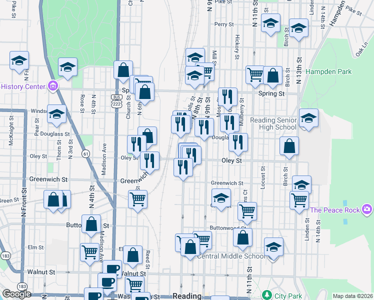 map of restaurants, bars, coffee shops, grocery stores, and more near 756 Lance Place in Reading