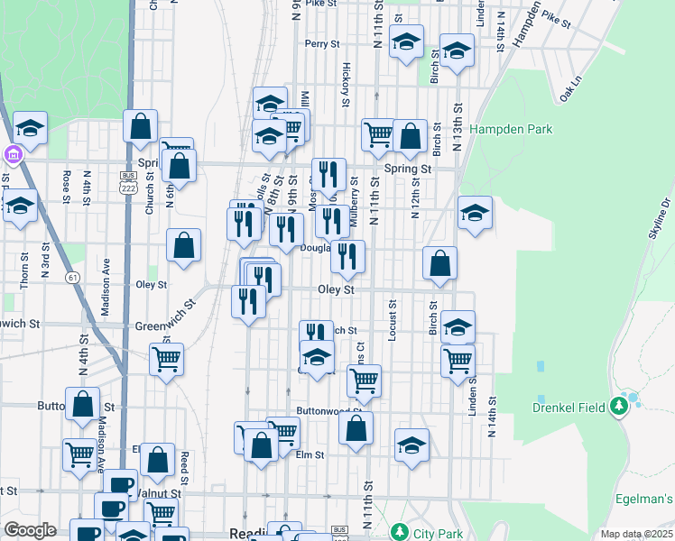 map of restaurants, bars, coffee shops, grocery stores, and more near 727 North 10th Street in Reading