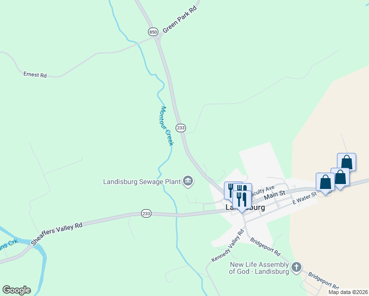 map of restaurants, bars, coffee shops, grocery stores, and more near 308 Montour Road in Landisburg