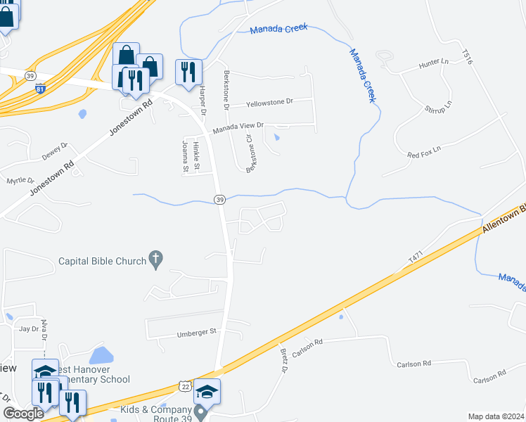 map of restaurants, bars, coffee shops, grocery stores, and more near 8119 Kelly Drive in Dauphin County