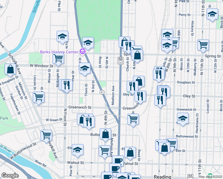 map of restaurants, bars, coffee shops, grocery stores, and more near 714 Madison Avenue in Reading