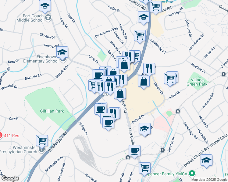 map of restaurants, bars, coffee shops, grocery stores, and more near 1801 Washington Road in Pittsburgh