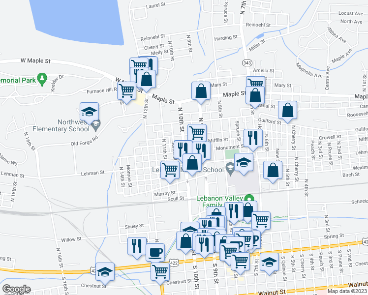 map of restaurants, bars, coffee shops, grocery stores, and more near 437 North 10th Street in Lebanon