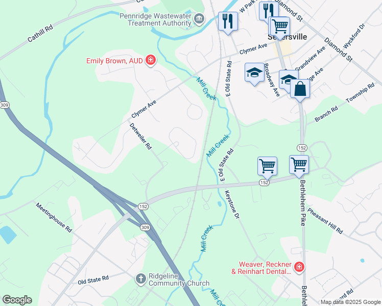 map of restaurants, bars, coffee shops, grocery stores, and more near 55 Reagan Drive in Sellersville
