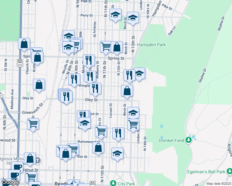 map of restaurants, bars, coffee shops, grocery stores, and more near 734 North 12th Street in Reading