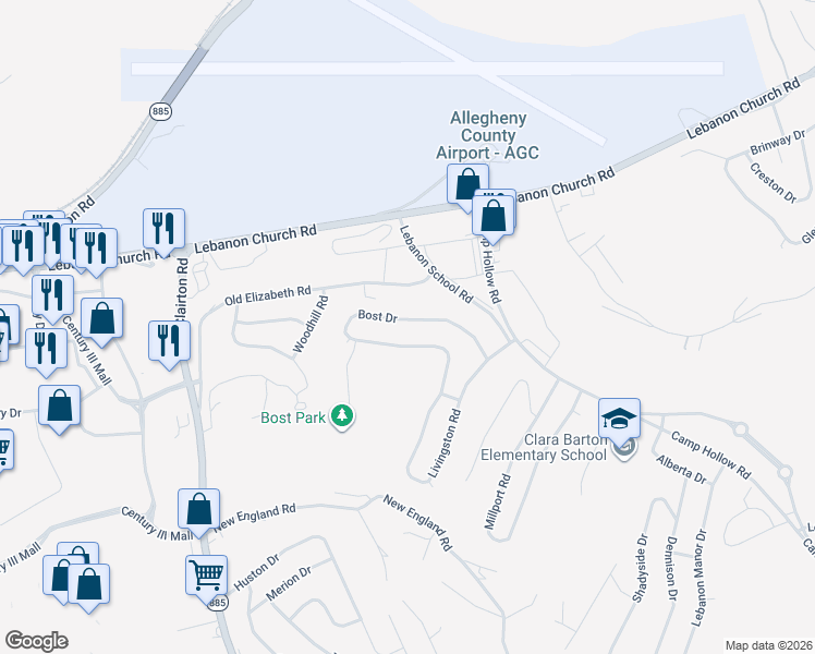 map of restaurants, bars, coffee shops, grocery stores, and more near in Allegheny County