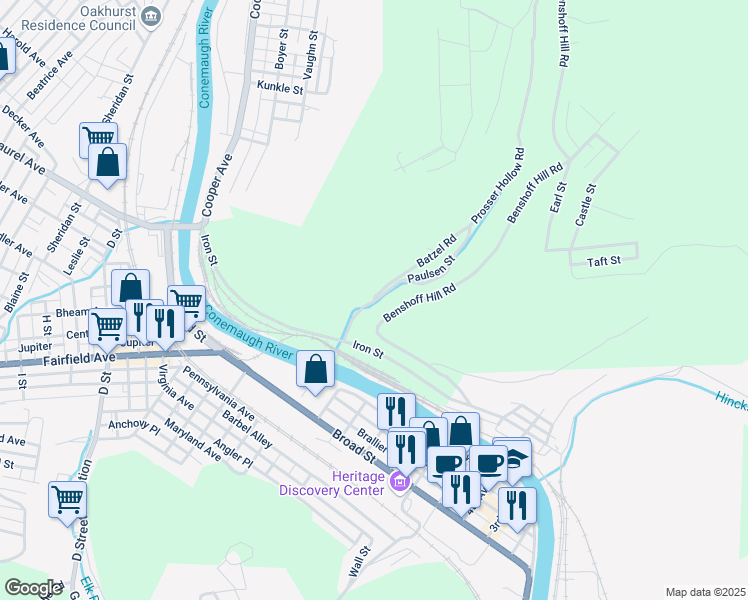 map of restaurants, bars, coffee shops, grocery stores, and more near 100 Batzel Road in Johnstown