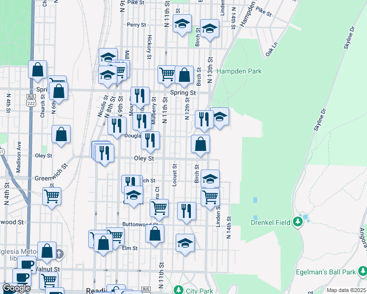 map of restaurants, bars, coffee shops, grocery stores, and more near 734 North 12th Street in Reading