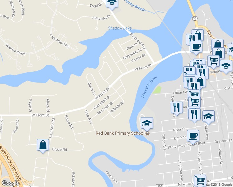 map of restaurants, bars, coffee shops, grocery stores, and more near 10 Campbell Street in Red Bank