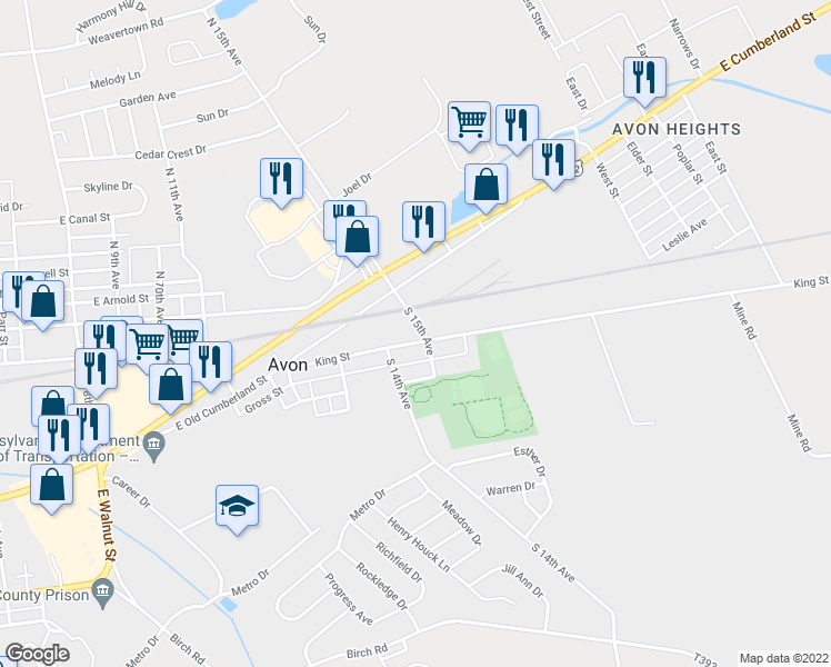 map of restaurants, bars, coffee shops, grocery stores, and more near 1425 King Street in Lebanon