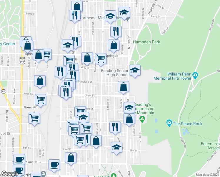 map of restaurants, bars, coffee shops, grocery stores, and more near 735 Locust Street in Reading